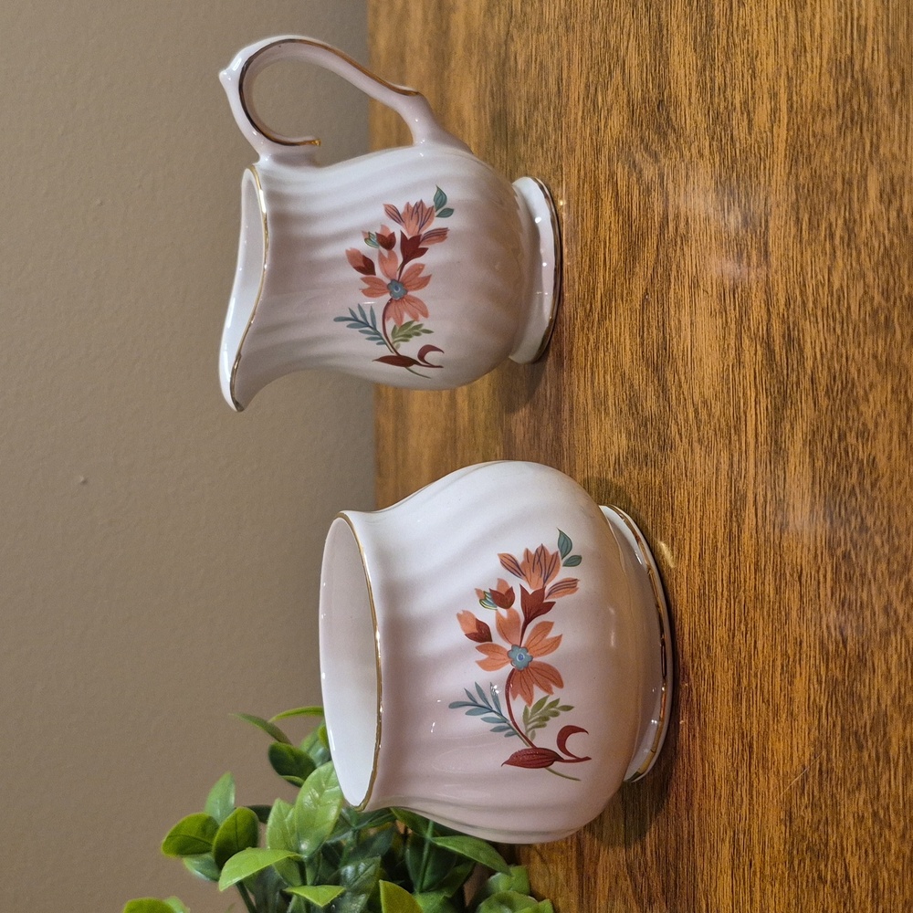 SADLER Vintage Floral Patterned Gold Trim Porcelain Creamer and Open Sugar Set